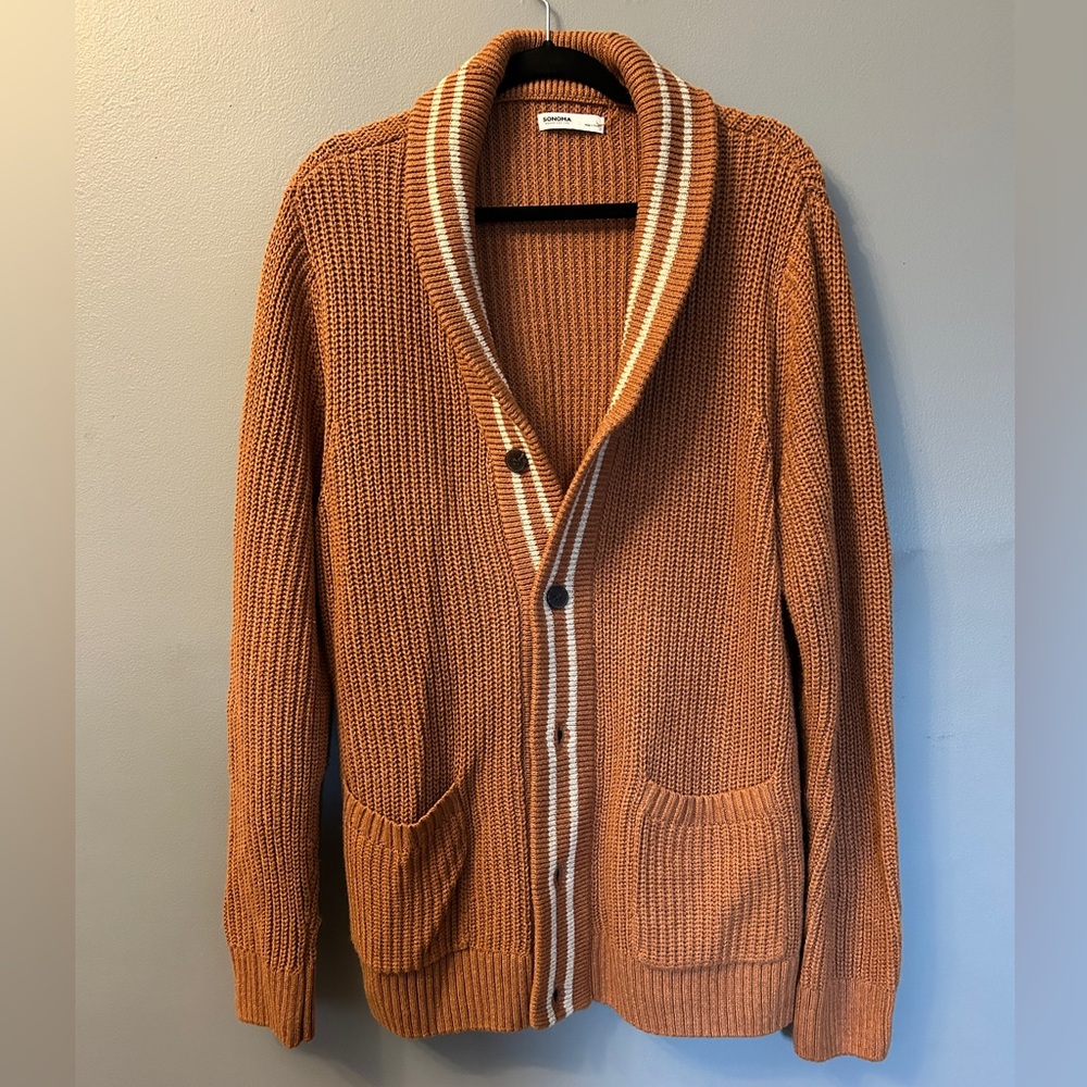 Sonoma Orange/Brown Cardigan Sweater with Ribbed Knit